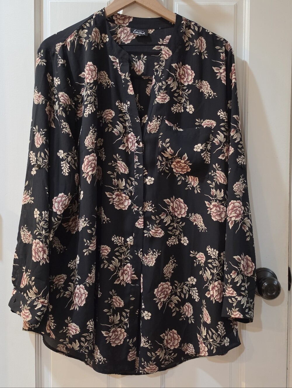 Simply Emma Black Button-Down Shirt with Pink Floral Print
